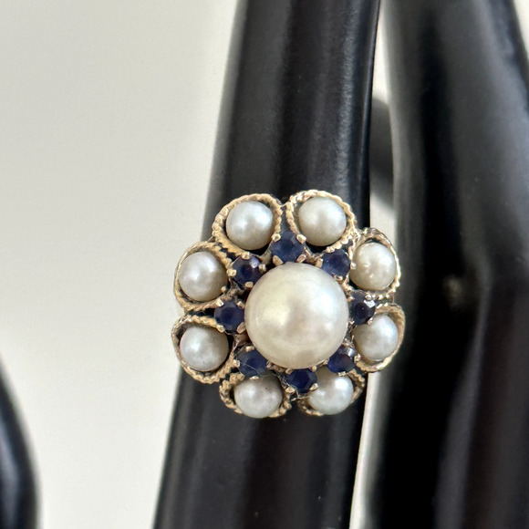 Vintage 14K Yellow Gold Pearl & Sapphire Ladies Statement Band Ring Size 5.75 - Picture 9 of 16